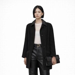 VINTAGE - Black Wool Coat with Shearling Collar | Minimalist Oversized Jacket